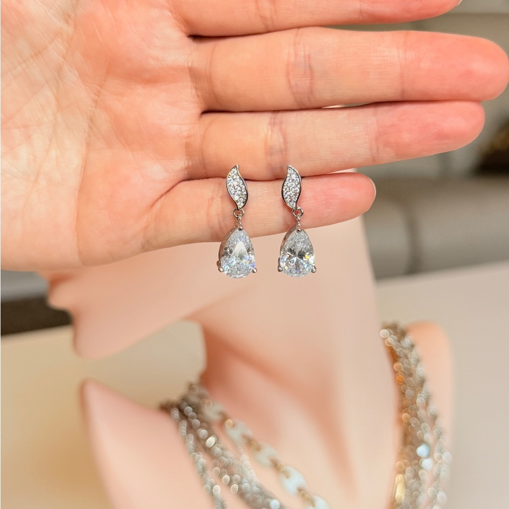 Silver Teardrop Crystal Drop Earrings - Picture 10 of 11